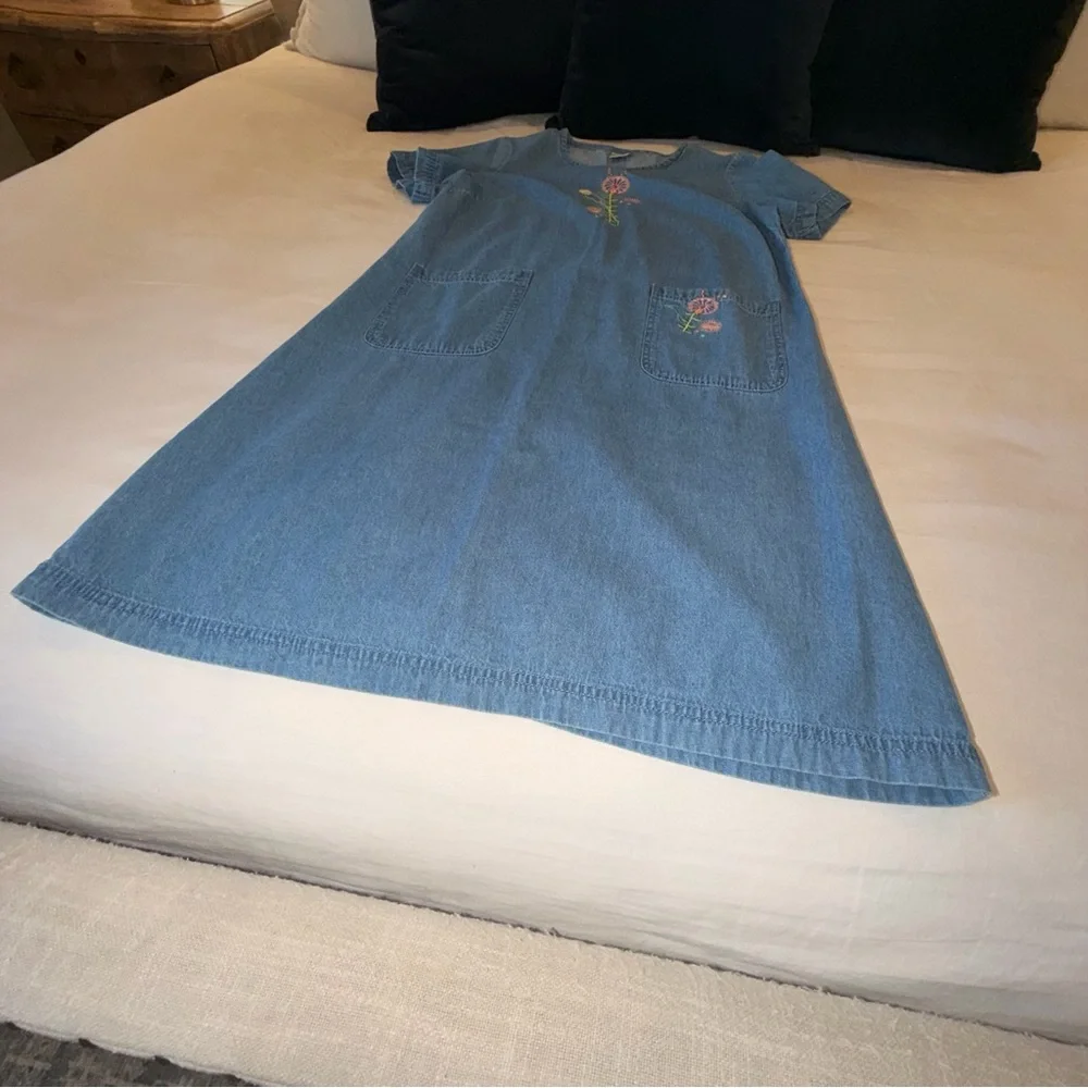 Denim Embroidered Floral Dress Blue Cottagecore Pockets Short Sleeve S - Picture 4 of 7